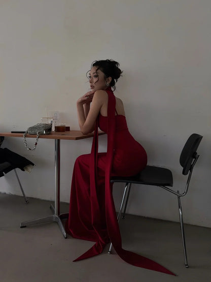 Robe de bal longue rouge à bretelles spaghetti et écharpe, style sirène chic, référence N702