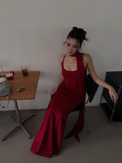 Robe de bal longue rouge à bretelles spaghetti et écharpe, style sirène chic, référence N702