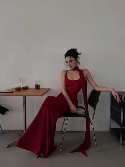 Robe de bal longue rouge à bretelles spaghetti et écharpe, style sirène chic, référence N702
