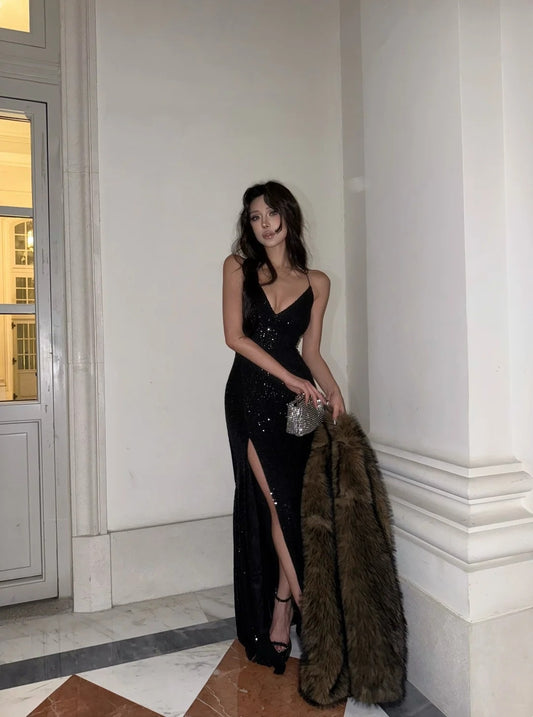 Robe de bal sirène modeste à bretelles spaghetti et décolleté en V, robe de soirée longue à sequins noirs fendue, robe de bal N701