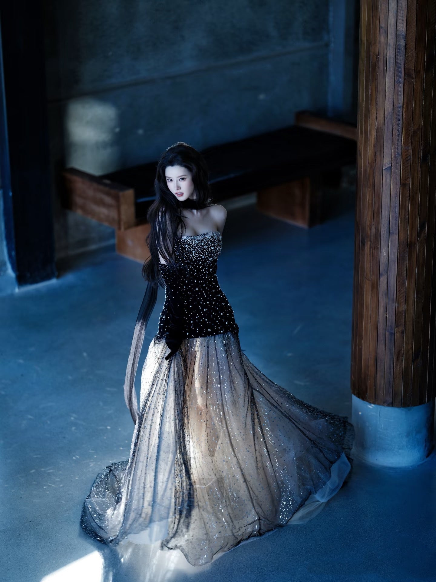 Prinzessin Meerjungfrauen-Abendkleid, trägerlos, schwarz, paillettenbesetzt, lang, formell, 18. Geburtstag, Ballkleid N738
