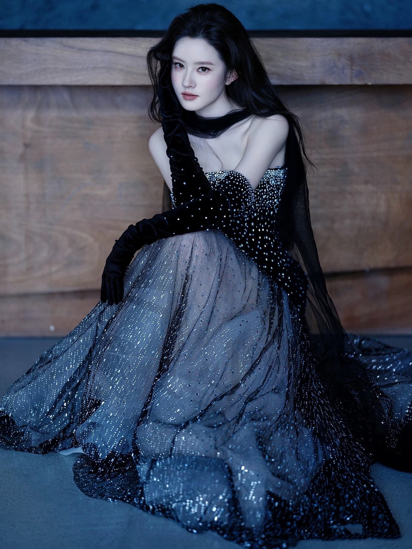 Prinzessin Meerjungfrauen-Abendkleid, trägerlos, schwarz, paillettenbesetzt, lang, formell, 18. Geburtstag, Ballkleid N738
