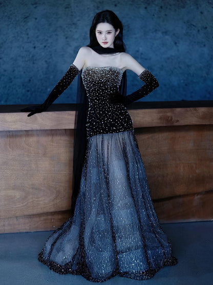 Prinzessin Meerjungfrauen-Abendkleid, trägerlos, schwarz, paillettenbesetzt, lang, formell, 18. Geburtstag, Ballkleid N738