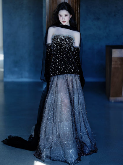 Prinzessin Meerjungfrauen-Abendkleid, trägerlos, schwarz, paillettenbesetzt, lang, formell, 18. Geburtstag, Ballkleid N738