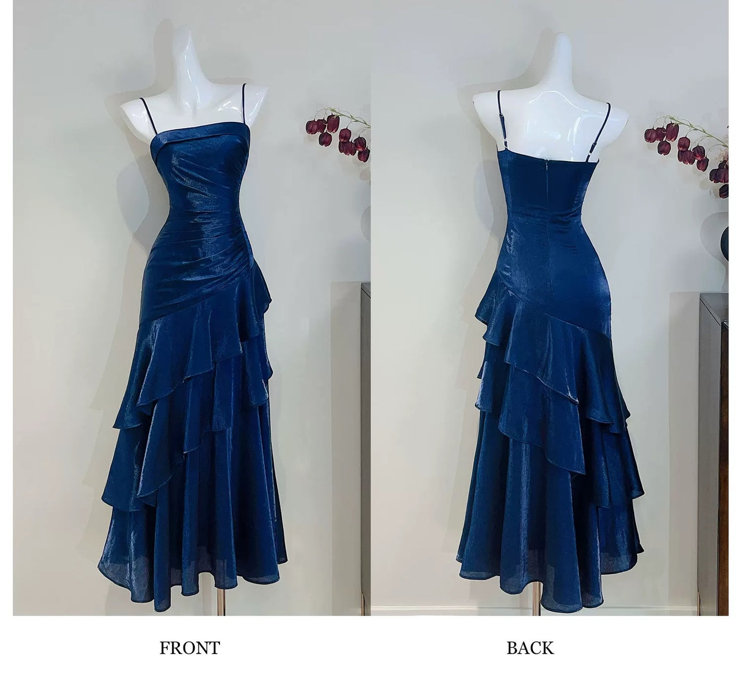 Robe de bal longue sirène bleu roi en satin à fines bretelles, style princesse, idéale pour un 18e anniversaire ou une remise de diplôme (N877)