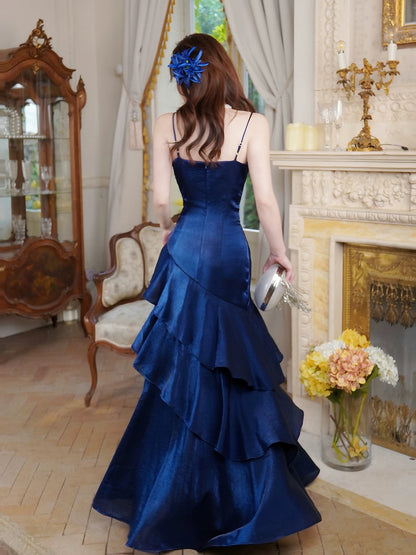 Robe de bal longue sirène bleu roi en satin à fines bretelles, style princesse, idéale pour un 18e anniversaire ou une remise de diplôme (N877)