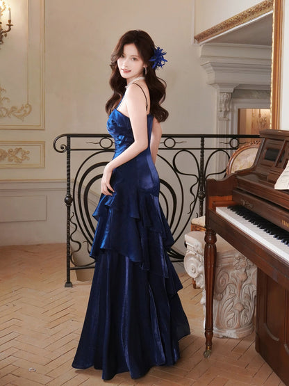 Robe de bal longue sirène bleu roi en satin à fines bretelles, style princesse, idéale pour un 18e anniversaire ou une remise de diplôme (N877)