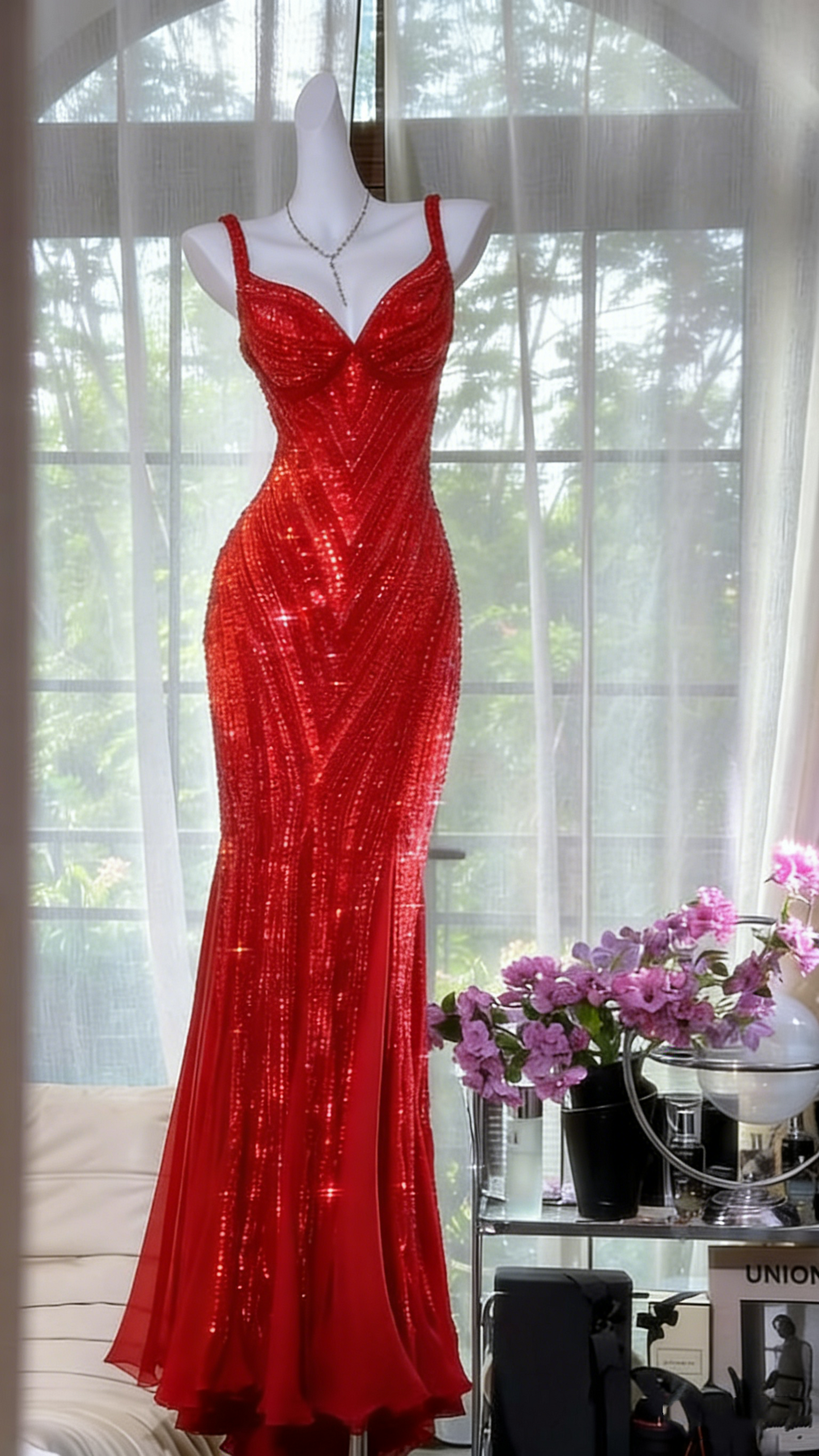 Robe de soirée longue sirène en mousseline violet foncé à sequins et col en V, style vintage, référence N875
