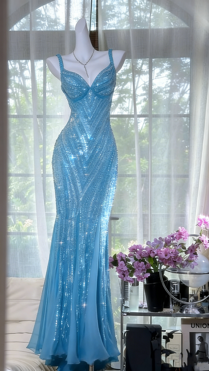 Robe de soirée longue sirène en mousseline violet foncé à sequins et col en V, style vintage, référence N875
