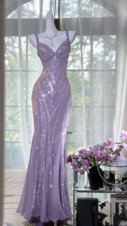 Robe de soirée longue sirène en mousseline violet foncé à sequins et col en V, style vintage, référence N875
