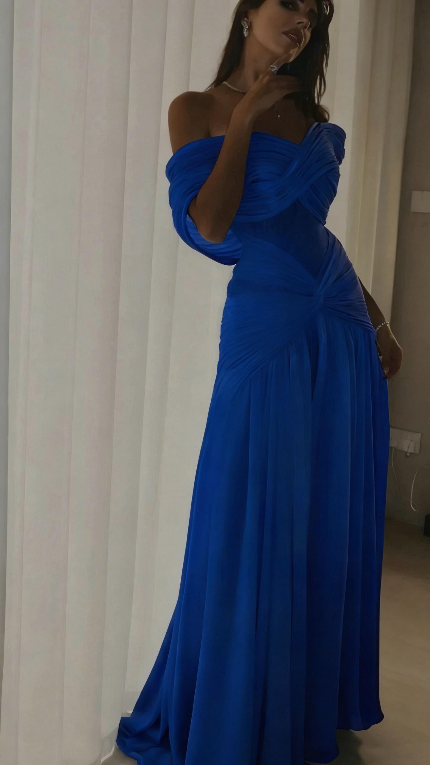 Robe de soirée personnalisée en mousseline bleu clair, coupe sirène sexy, décolleté cœur, épaules dénudées, style célébrité, robe d'invitée de mariage N897