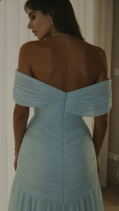 Robe de soirée personnalisée en mousseline bleu clair, coupe sirène sexy, décolleté cœur, épaules dénudées, style célébrité, robe d'invitée de mariage N897