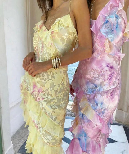 Robe de bal longue sirène unique à fines bretelles en dentelle jaune et mousseline, idéale pour un 21e anniversaire ou une remise de diplôme (N901)