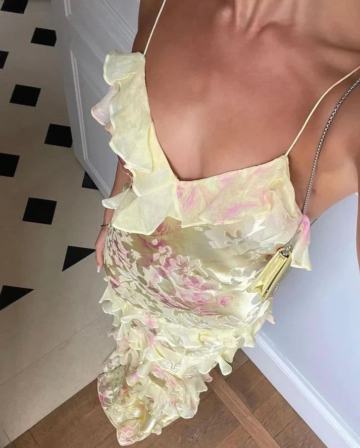 Robe de bal longue sirène unique à fines bretelles en dentelle jaune et mousseline, idéale pour un 21e anniversaire ou une remise de diplôme (N901)