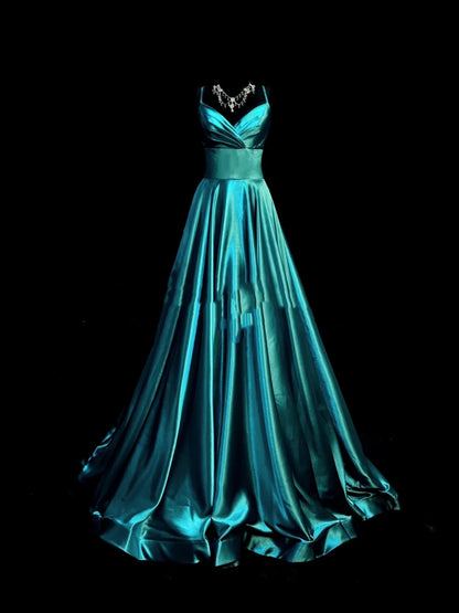 Elegantes, langes, blaues Satin-Abendkleid mit Spaghettiträgern in A-Linie, perfekt für Partys, Balls und Hochzeiten (Modell N910)