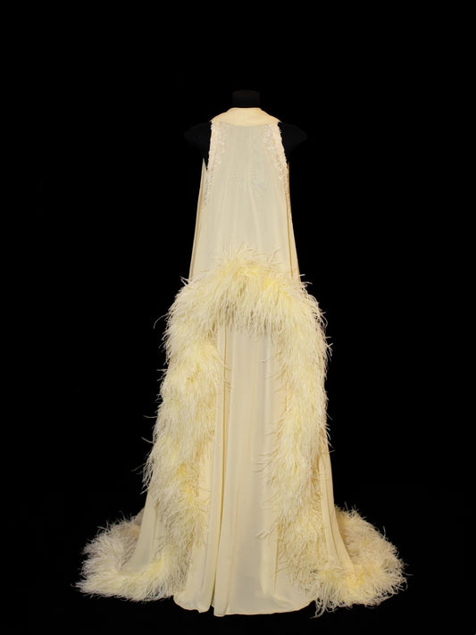 Elegantes, langes, gelbes Chiffonkleid mit Federn in A-Linie, Rundhalsausschnitt, ideal für Partys, Balls und als Hochzeitsgastkleid (Modell N913).