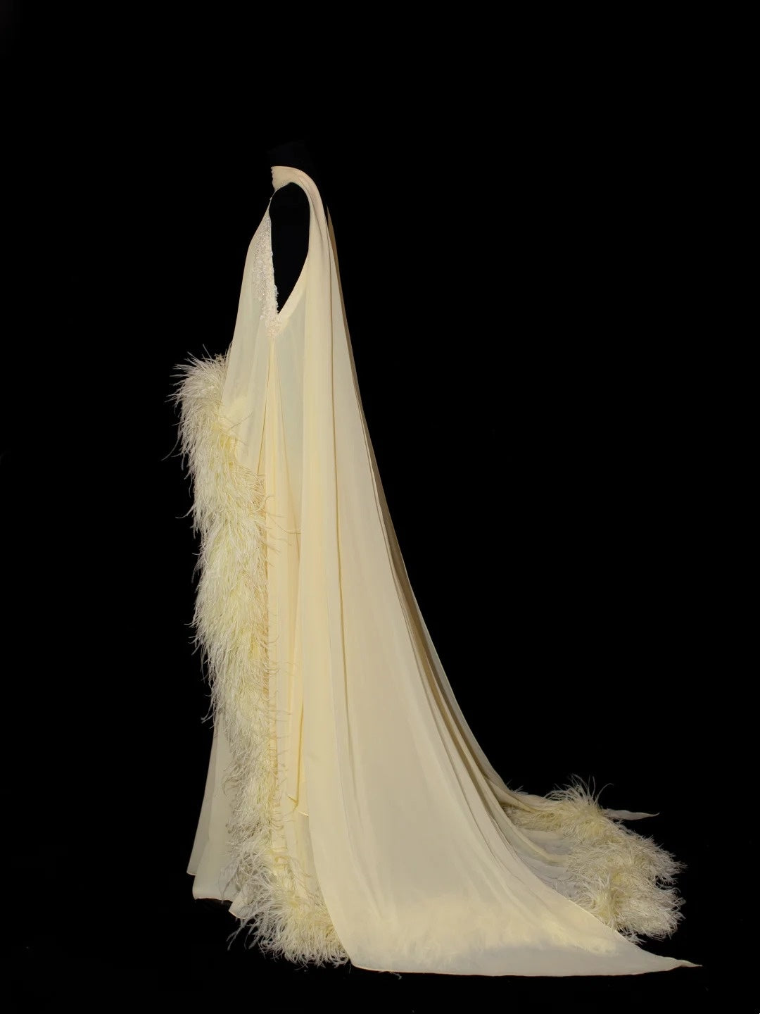 Robe de soirée longue jaune en mousseline de soie ornée de plumes, coupe trapèze, col rond, élégante, idéale pour un bal de promo ou un mariage (N913).