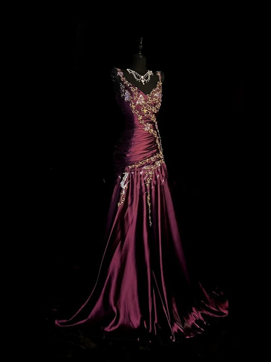 Elegantes, langes Meerjungfrauen-Kleid aus Satin mit Spaghettiträgern und Applikationen – perfekt für Partys, Abschlussbälle und Hochzeiten (Modell N916).