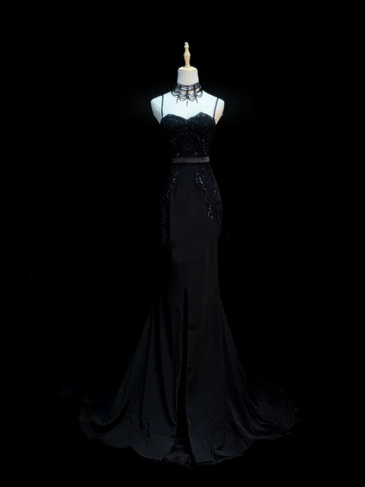 Elegantes, schwarzes Meerjungfrauen-Kleid mit Spaghettiträgern und Perlenapplikationen – langes Partykleid, Ballkleid oder beeindruckendes Hochzeitsgastkleid N918
