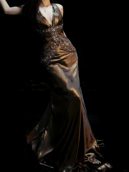 Robe de bal longue vintage sirène dos nu en satin ornée de perles et de pierres précieuses, robe de soirée, tenue pour un 18e anniversaire, robe de remise de diplôme N919