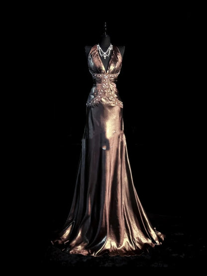 Robe de bal longue vintage sirène dos nu en satin ornée de perles et de pierres précieuses, robe de soirée, tenue pour un 18e anniversaire, robe de remise de diplôme N919