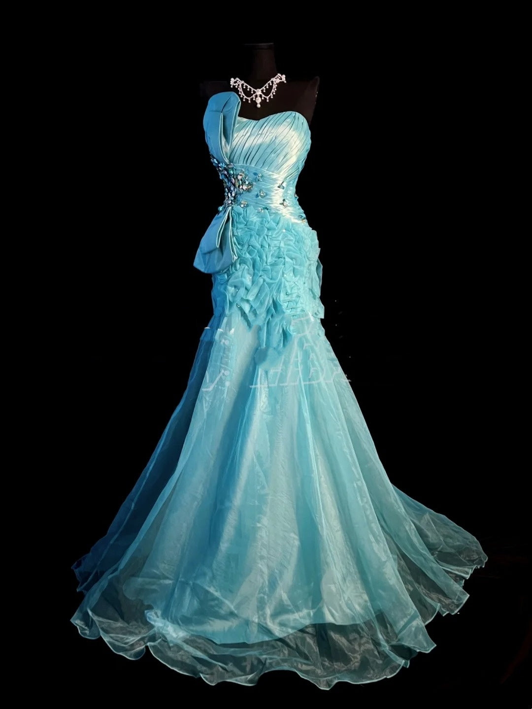 Robe de bal longue vintage sirène en organza bleu, décolleté cœur, robe de soirée, tenue d'anniversaire 18 ans, robe de remise de diplôme N911