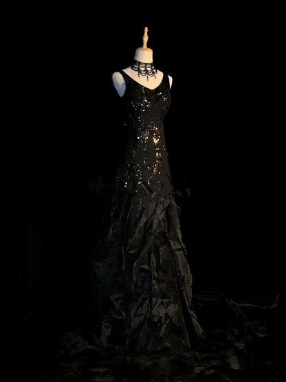 Robe de bal longue vintage sirène à col en V, années 1950, en satin noir ornée de perles et de pierres précieuses. Idéale pour une soirée, un 18e anniversaire ou une remise de diplôme (N920).