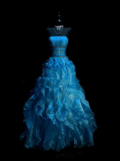 Robe de bal modeste sans bretelles en organza bleu, longue robe de soirée, tenue pour un 21e anniversaire, robe de remise de diplôme N921