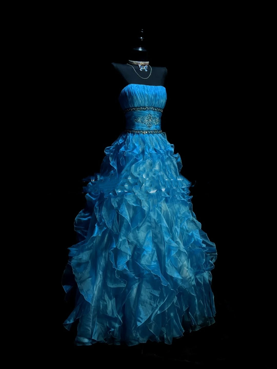 Robe de bal modeste sans bretelles en organza bleu, longue robe de soirée, tenue pour un 21e anniversaire, robe de remise de diplôme N921