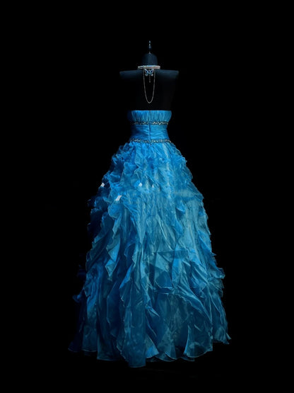 Robe de bal modeste sans bretelles en organza bleu, longue robe de soirée, tenue pour un 21e anniversaire, robe de remise de diplôme N921