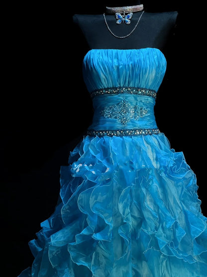 Robe de bal modeste sans bretelles en organza bleu, longue robe de soirée, tenue pour un 21e anniversaire, robe de remise de diplôme N921