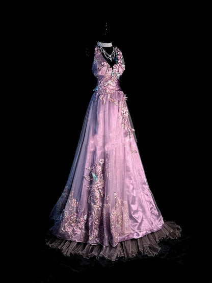 Robe de bal longue vintage années 1950, coupe trapèze, col en V, lilas avec appliques perlées, idéale pour une soirée, un 18e anniversaire ou une remise de diplôme (N922)