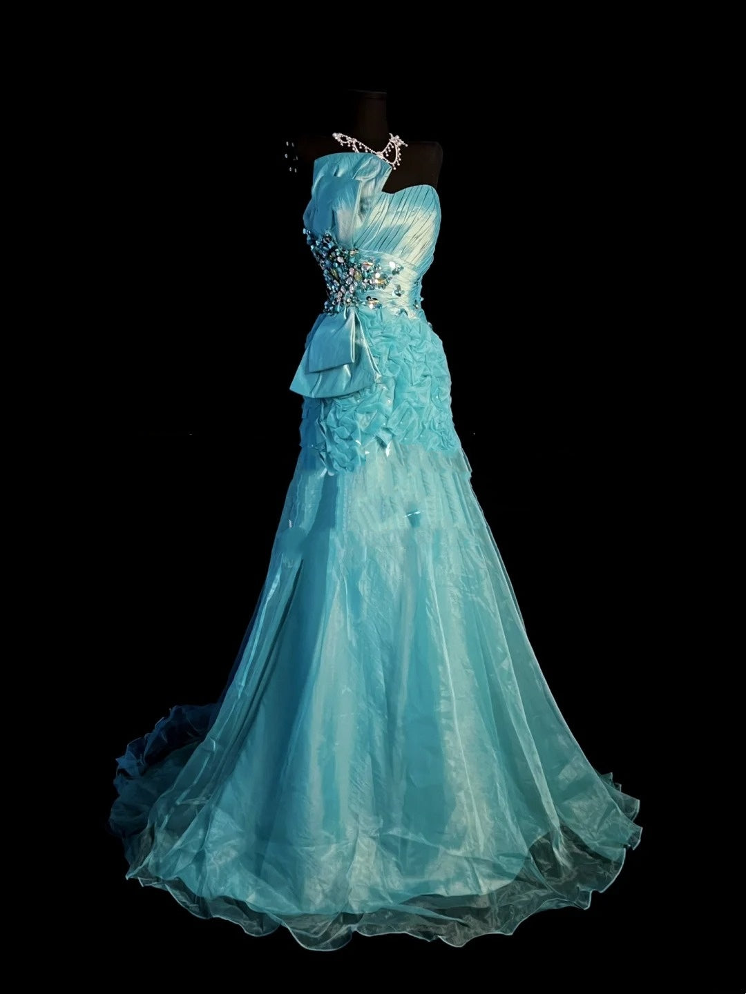 Robe de bal longue vintage sirène en organza bleu, décolleté cœur, robe de soirée, tenue d'anniversaire 18 ans, robe de remise de diplôme N911