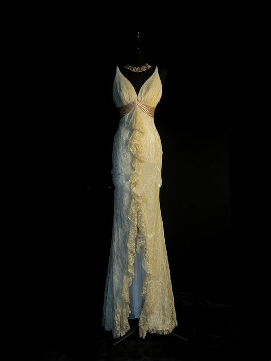 Elegantes Meerjungfrauen-Abendkleid aus gelber Spitze mit V-Ausschnitt, langes Partykleid, Ballkleid, beeindruckendes Hochzeitsgastkleid N924