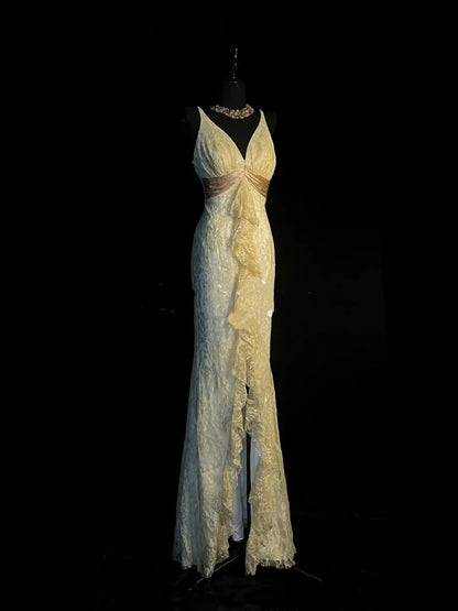 Robe de soirée longue sirène chic à col en V en dentelle jaune, robe de bal élégante, robe d'invitée de mariage impressionnante N924