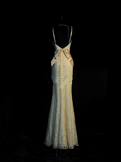 Robe de soirée longue sirène chic à col en V en dentelle jaune, robe de bal élégante, robe d'invitée de mariage impressionnante N924