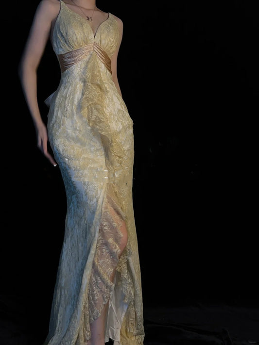 Elegantes Meerjungfrauen-Abendkleid aus gelber Spitze mit V-Ausschnitt, langes Partykleid, Ballkleid, beeindruckendes Hochzeitsgastkleid N924