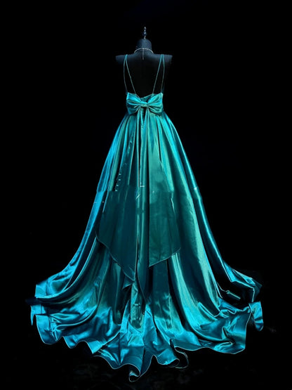 Elegantes, langes, blaues Satin-Abendkleid mit Spaghettiträgern in A-Linie, perfekt für Partys, Balls und Hochzeiten (Modell N910)