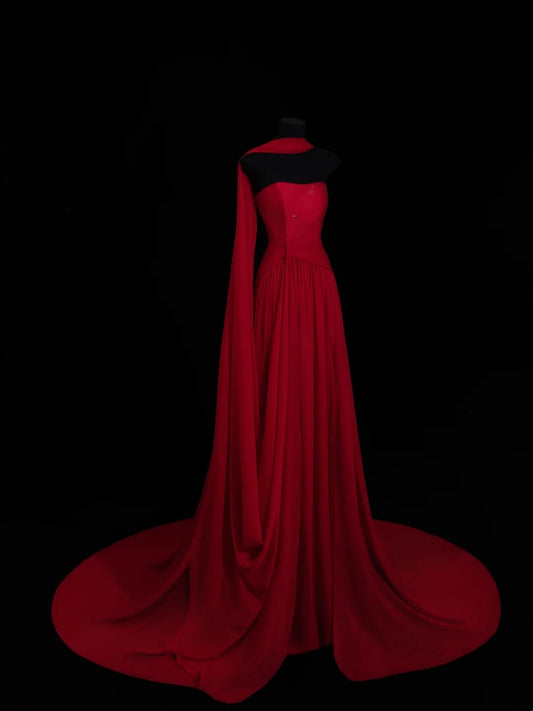 Elegantes, trägerloses, langes, langes Chiffonkleid in A-Linie mit Schal, perfekt für Partys, Abschlussbälle und Hochzeiten (Modell N912).