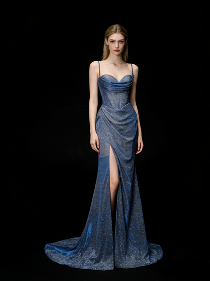 Elegantes, marineblaues Pailletten-Abendkleid mit Spaghettiträgern im Meerjungfrauenstil – perfekt für Partys, Abschlussbälle und Hochzeiten (Modell N926)