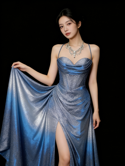 Elegantes, marineblaues Pailletten-Abendkleid mit Spaghettiträgern im Meerjungfrauenstil – perfekt für Partys, Abschlussbälle und Hochzeiten (Modell N926)