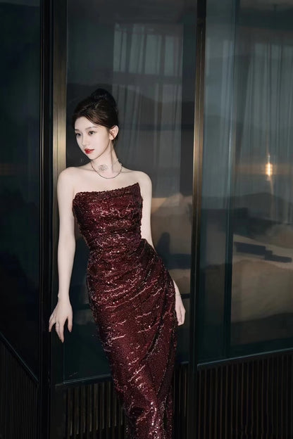 Vintage Sheath Strapless Burgundy Sequins With Slit Long Prom Dress Evening Outfits Formal Dress N932