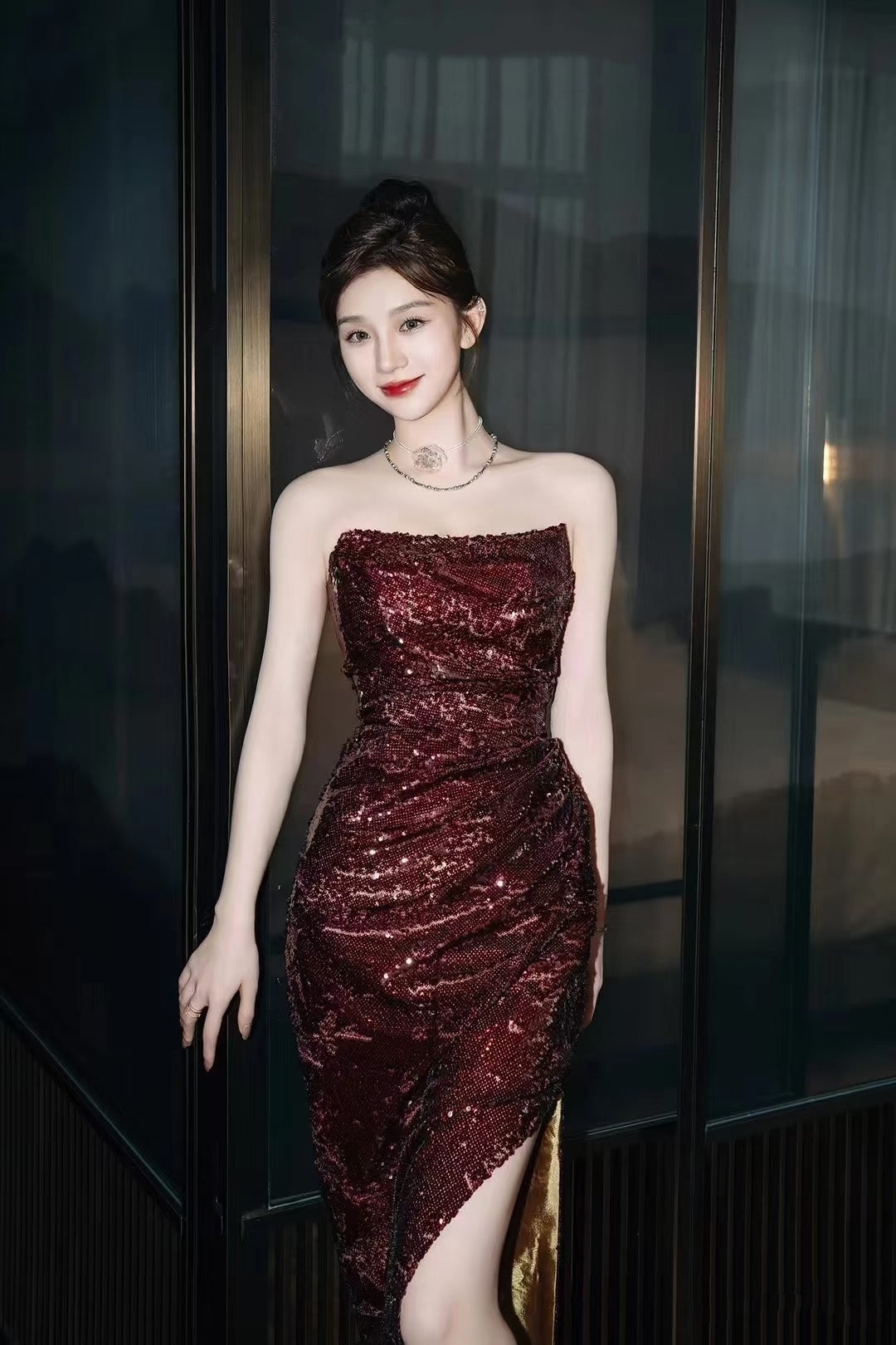 Vintage Sheath Strapless Burgundy Sequins With Slit Long Prom Dress Evening Outfits Formal Dress N932