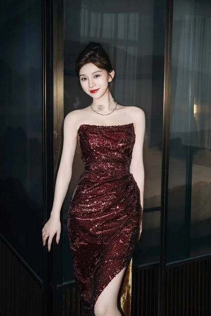 Vintage Sheath Strapless Burgundy Sequins With Slit Long Prom Dress Evening Outfits Formal Dress N932