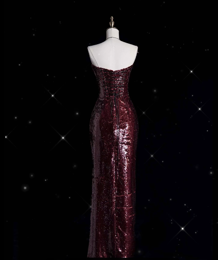 Vintage Sheath Strapless Burgundy Sequins With Slit Long Prom Dress Evening Outfits Formal Dress N932