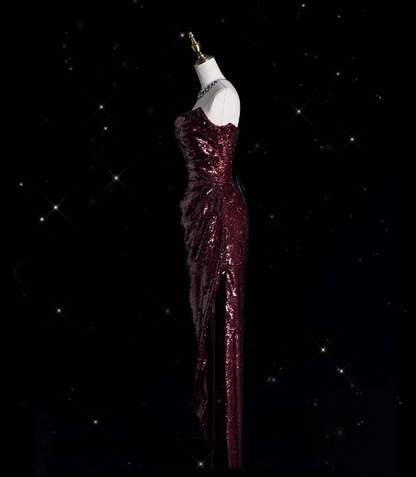 Vintage Sheath Strapless Burgundy Sequins With Slit Long Prom Dress Evening Outfits Formal Dress N932