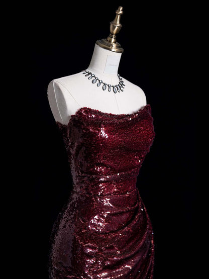 Vintage Sheath Strapless Burgundy Sequins With Slit Long Prom Dress Evening Outfits Formal Dress N932