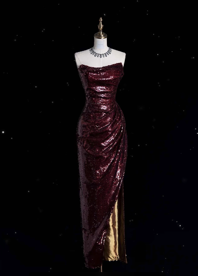 Vintage Sheath Strapless Burgundy Sequins With Slit Long Prom Dress Evening Outfits Formal Dress N932