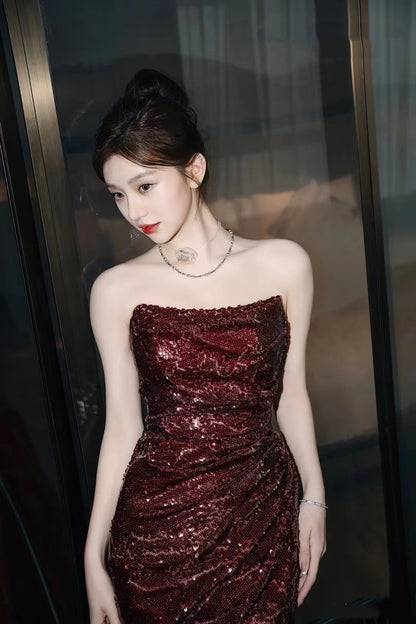 Vintage Sheath Strapless Burgundy Sequins With Slit Long Prom Dress Evening Outfits Formal Dress N932