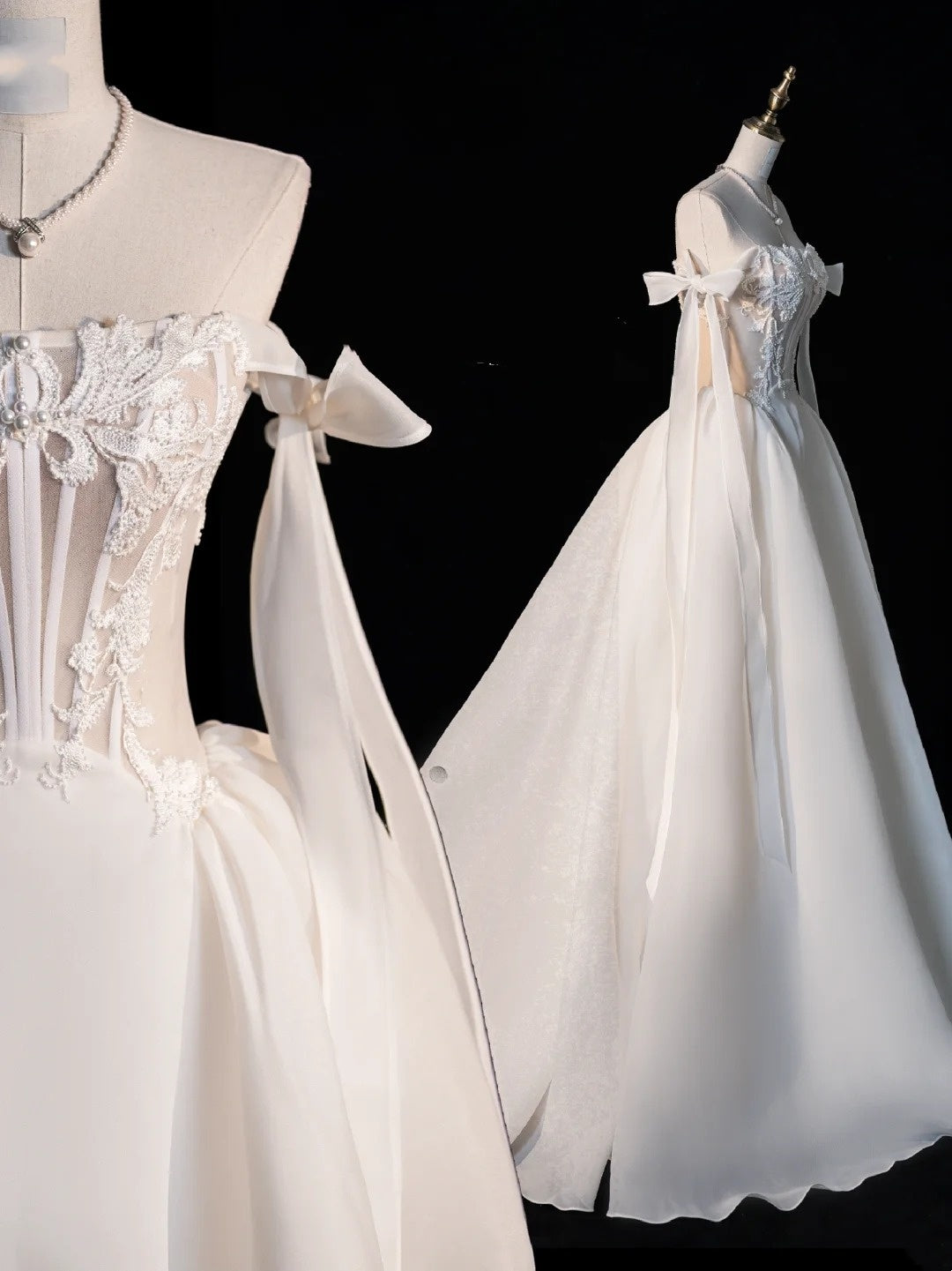 Robe de bal modeste sans bretelles avec nœud papillon, robe de mariée longue en satin blanc, style conte de fées automnal N517